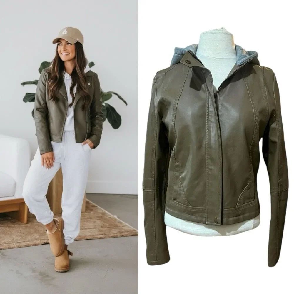 Active USA Women's Faux Leather Jacket Zip Hoodie, Size Medium EUC